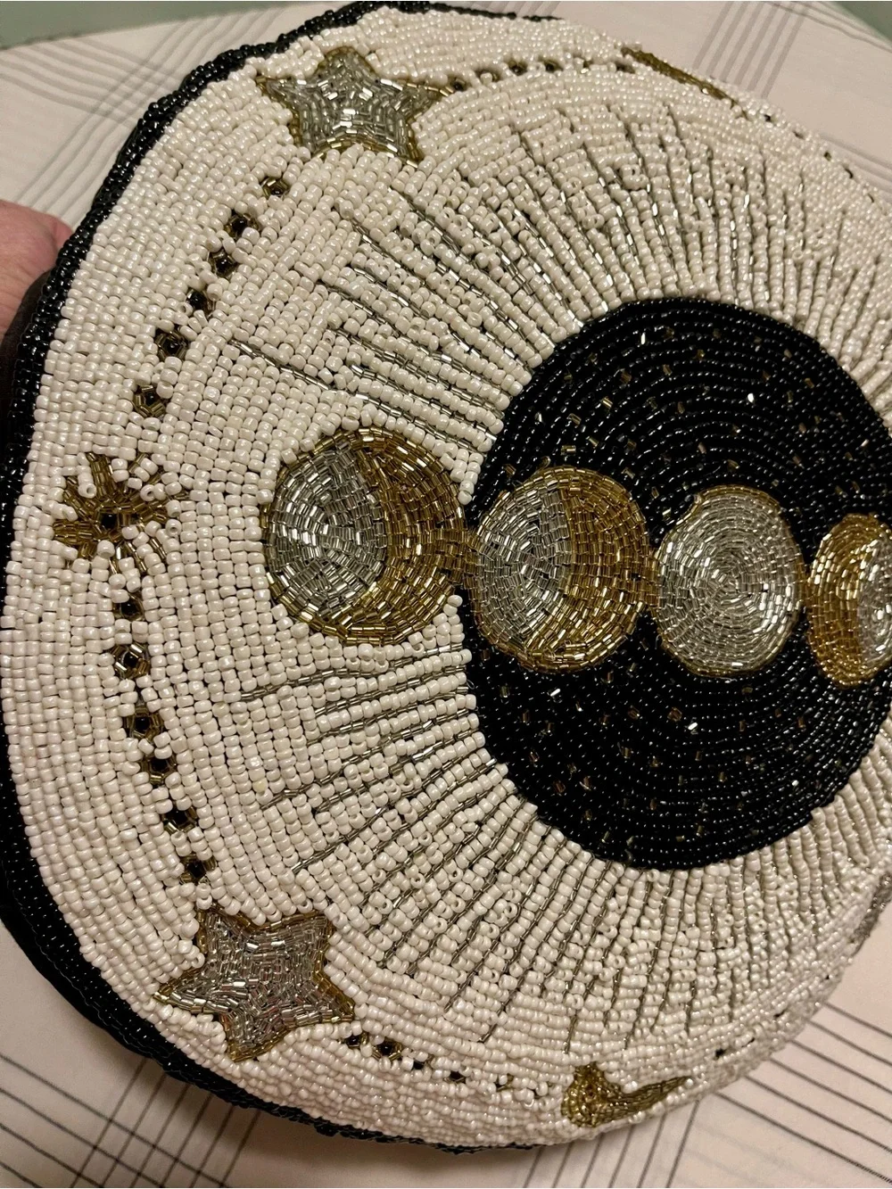 Round FULLY BEADED Moon Phase Pillow in Black, White & Gold CELESTIAL DECOR